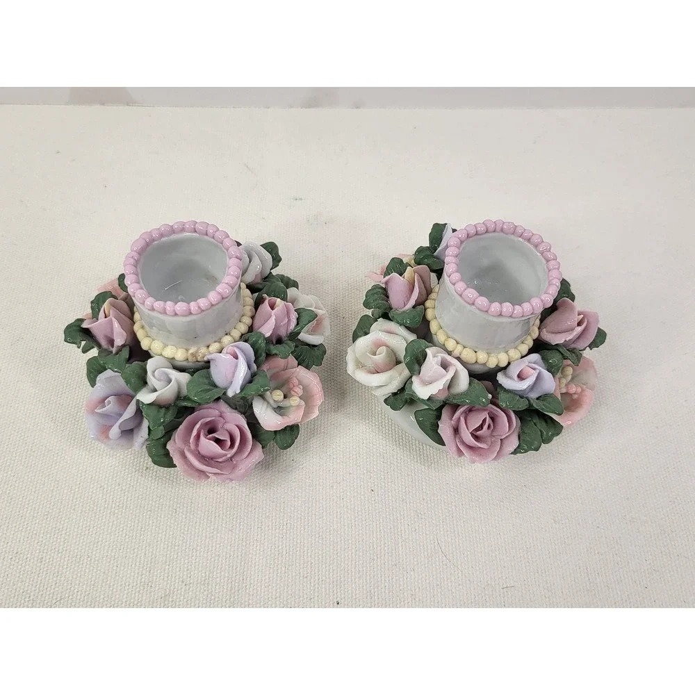 Vintage Porcelain Rose Floral Candle Holder Set Pastel Pink Lavender 2pc
